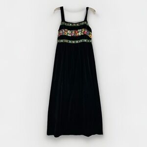 Vintage 70s Denise L. Hermosa Beach CA Black Velvet Floral Embroidery Maxi Dress